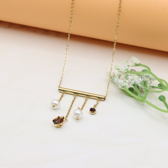 Yellow Gold Plated Pearl Drop Necklace with Crystal Charms, XPNL0361 - Picture 2 of 13